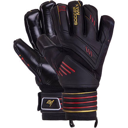 Рукавиці воротарські професійні із захистом пальців SOCCERMAX GK-003 розмір 7-11 чорний-червоний, фото 1