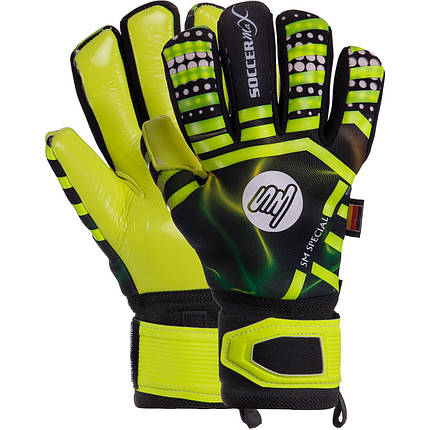 Рукавиці воротарські професійні із захистом пальців SOCCERMAX GK-004 розмір 7-11 жовтий-чорний-салатовий, фото 1