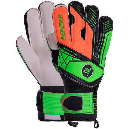 Рукавиці воротарські професійні із захистом пальців SOCCERMAX GK-009 розмір 7-11 салатовий-жовтогарячий чорний, фото 1