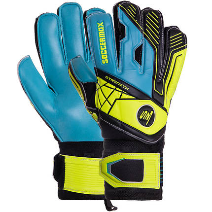 Рукавиці воротарські професійні із захистом пальців SOCCERMAX GK-012 розмір 7-11 синій-чорний-лимонний, фото 1