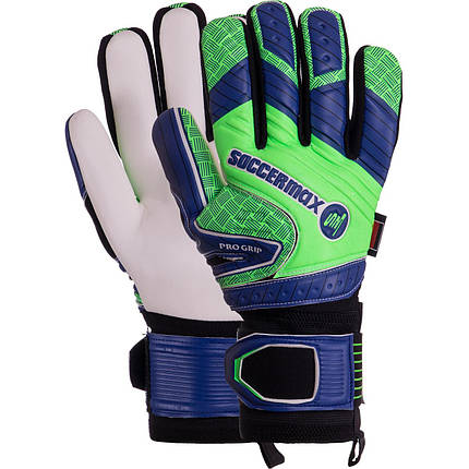 Рукавиці воротарські професійні із захистом пальців SOCCERMAX GK-021 розмір 7-11 синій-салатовий, фото 1
