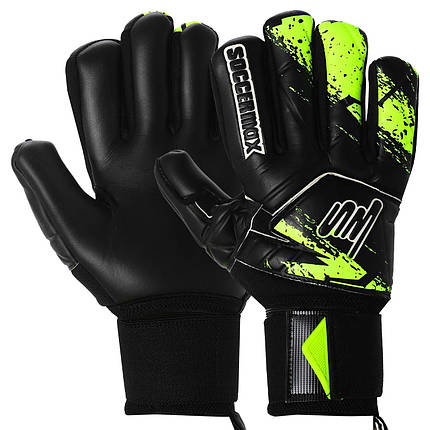 Рукавиці воротарські професійні із захистом пальців SOCCERMAX GK-4315 розмір 7-11 чорний-салатовий, фото 1