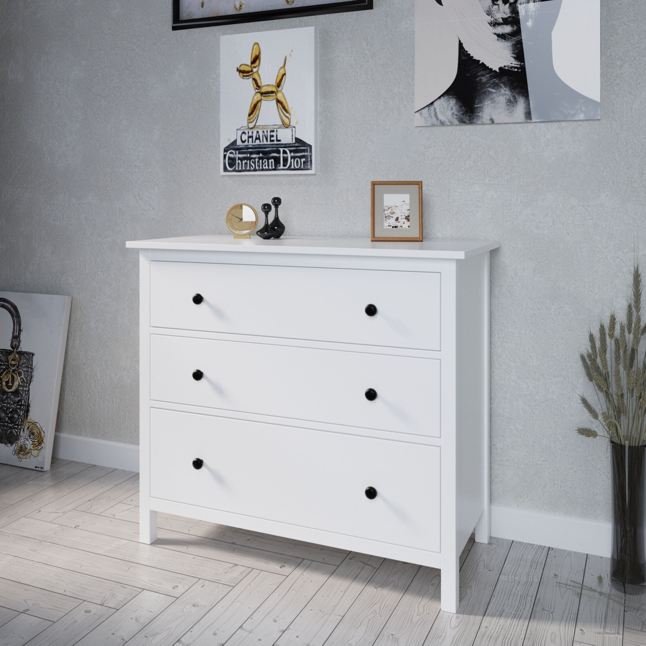Белый комод "Хамес" из натурального дерева на семь ящиков