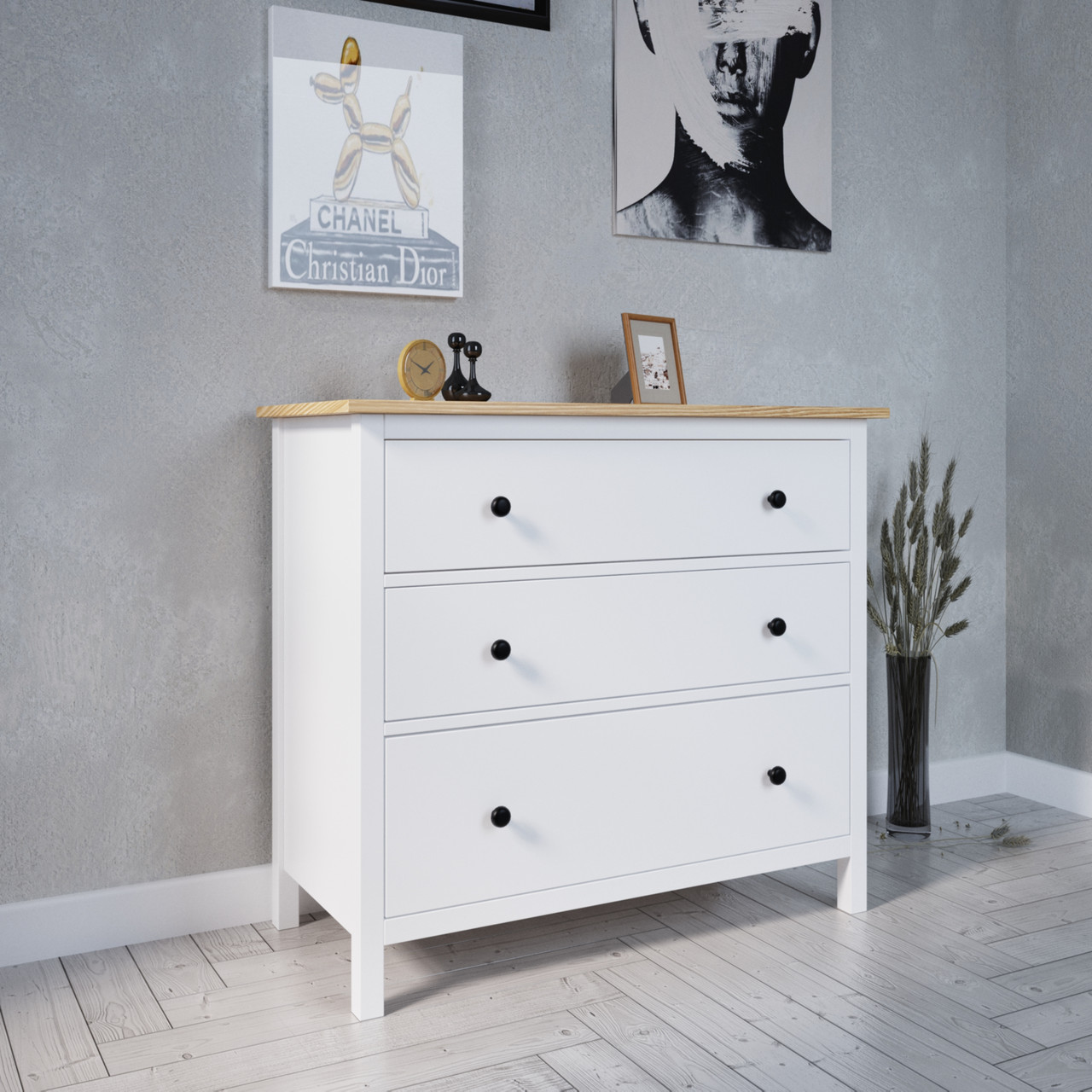 Белый комод "Хамес" из натурального дерева на семь ящиков