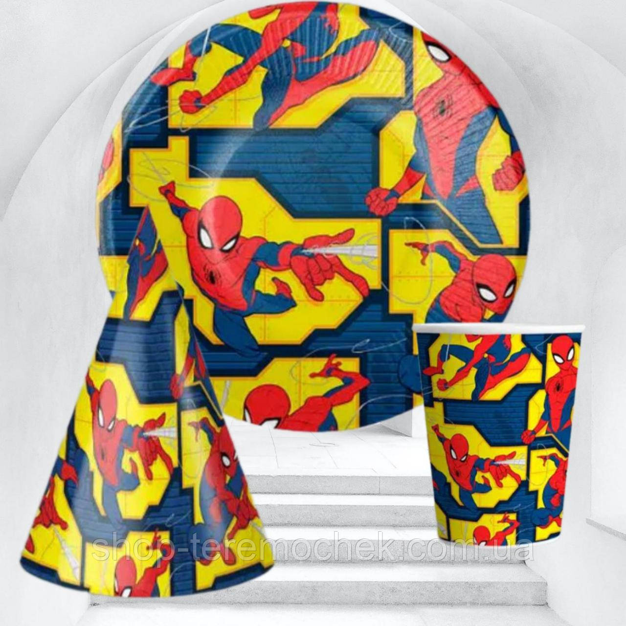 Святковий посуд Людина Павук Спайдермен набір дитячий одноразовий 10 тарілок 10 стаканчиків 10 ковпачків, фото 1