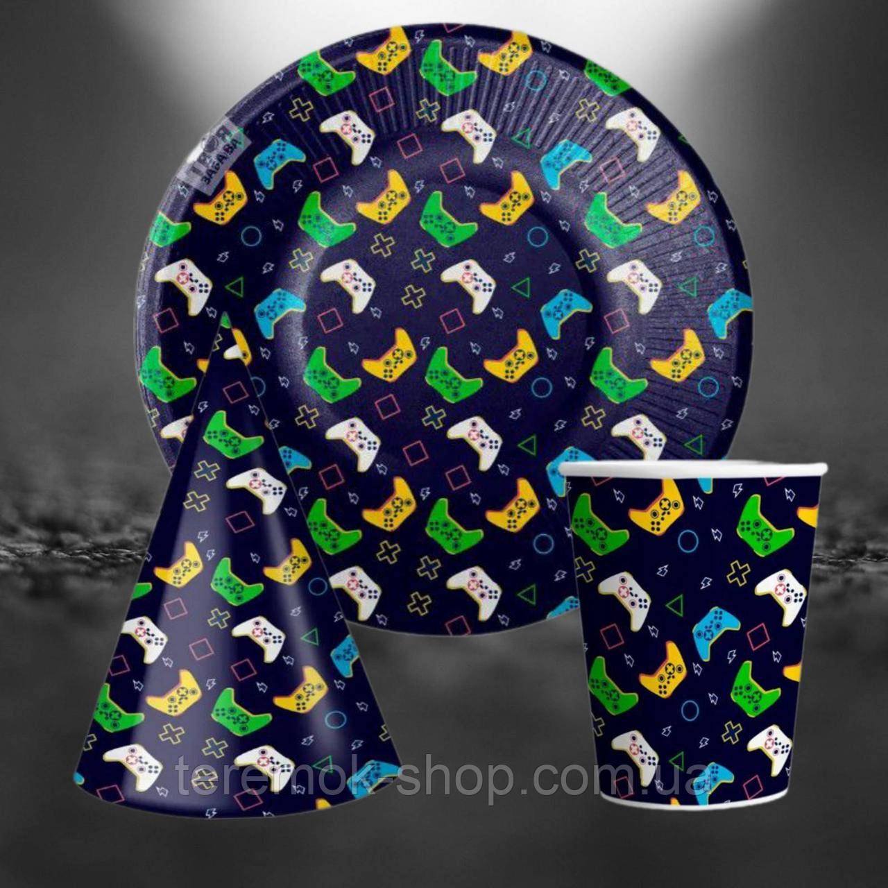 Посуд одноразовий з малюнком Джойстик набір паперовий 10 тарілок 10 склянок 10 ковпаків 10 ковпаків, фото 1