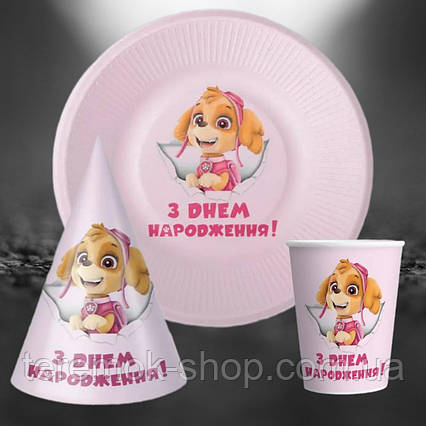 Посуд одноразовий Щенячий Патруль набір дитячий собачка Скай на рожевому 10 тарілок 10 склянок 10 ковпачків