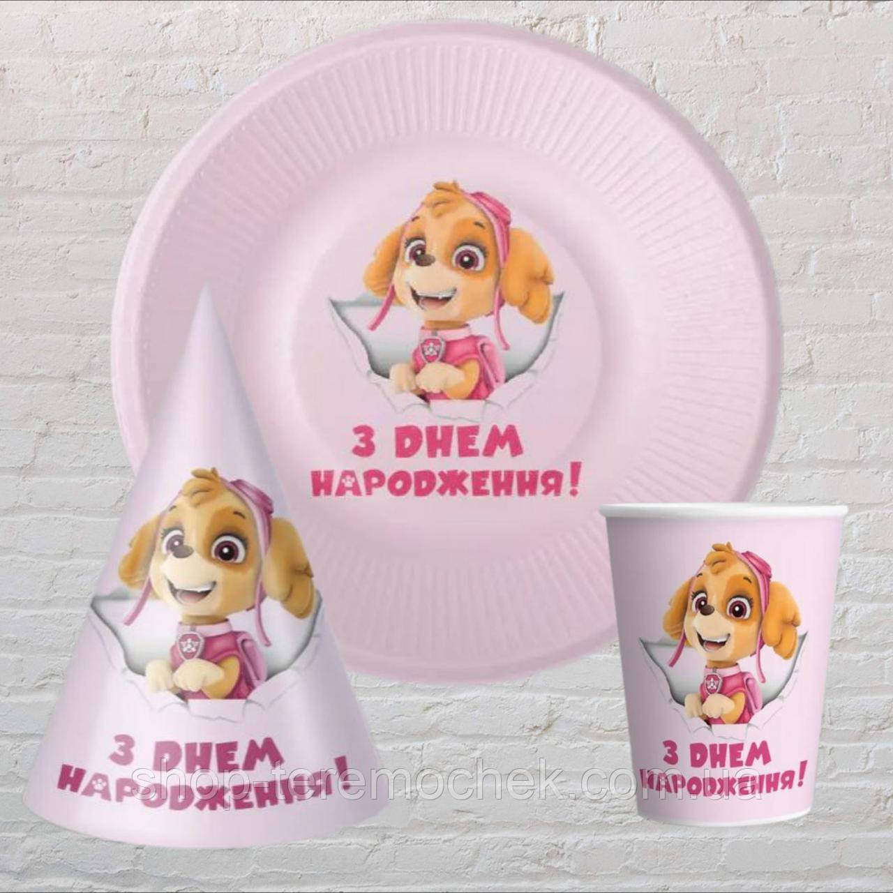Набір святкового посуду Щенячий Патруль Скай одноразовий дитячий посуд 10 тарілок 10 стаканчиків 10 ковпачків, фото 1