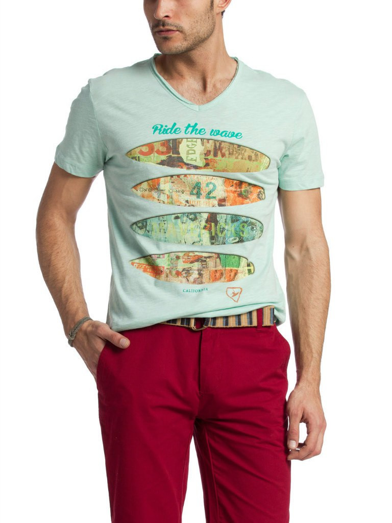 Мужская футболка LC Waikiki светло-зеленого цвета с надписью Ride the wave - фото 1 - id-p453497825