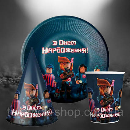 Посуд одноразовий паперовий Герої гри Роблокс набір дитячий з малюнком 10 тарілок 10 стаканчиків 10 ковпачків