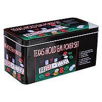 Набор для покера в металлической коробке SP-Sport 200T (200 фишек, с номиналом, 2 кол.карт, холст, р-р