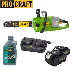 Акумуляторна ланцюгова пила ProCraft PCA40/2 (2 акумулятори 20 В, 4 А/год та подвійний зарядний пристрій)
