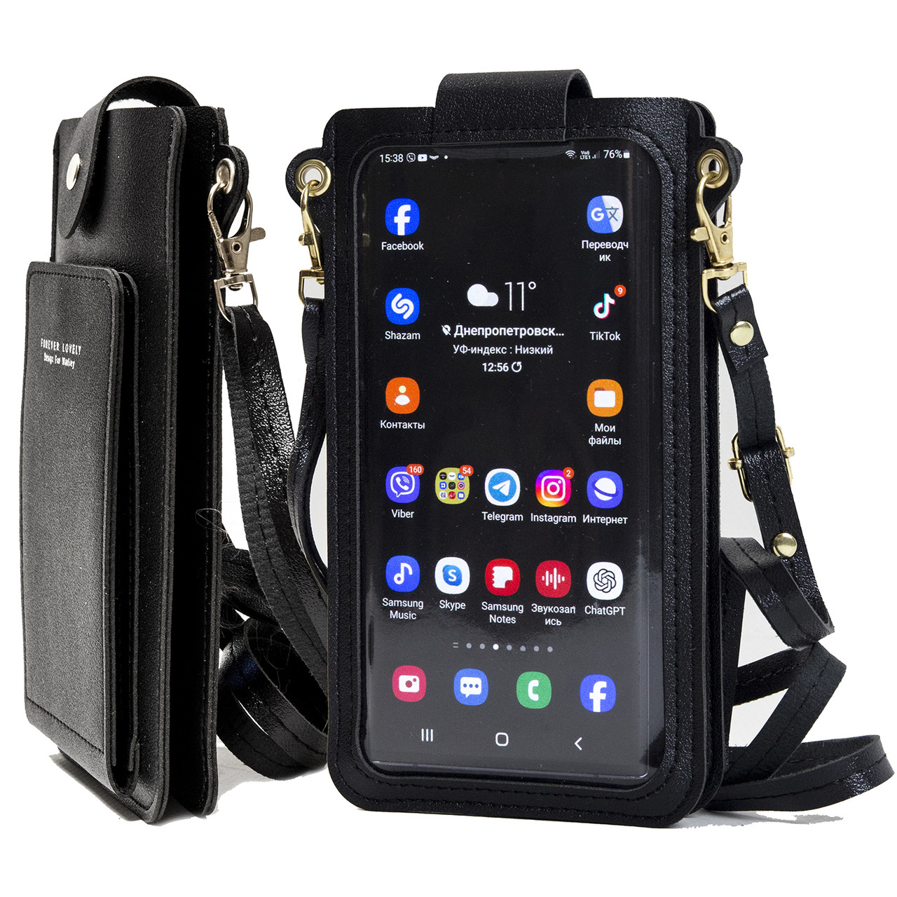 Жіноча сумка для 2-х телефонів, документів і грошей SJ1210#A чорна, фото 1