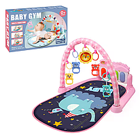 Дитячий ігровий килимок з музичним піаніно, підвісними іграшками, принт рожевий слон, зі шкалою зросту, розвивальний килимок