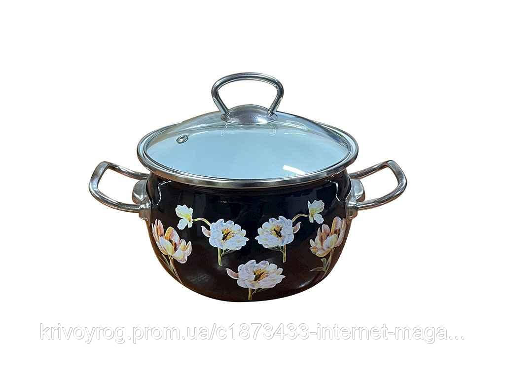 Каструля ем. 2,5л сферична з н/ж фурнітурою та скляною кришкою Квіткова фантазія (чорна) I81911чцвефан ТМ, фото 1
