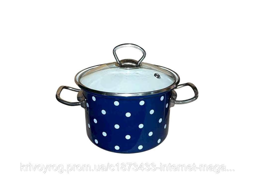 Каструля ем. 2л циліндрична з н/ж фурнітурою та скляною кришкою Полька (синя) I831104 ТМ IDILIA, фото 1