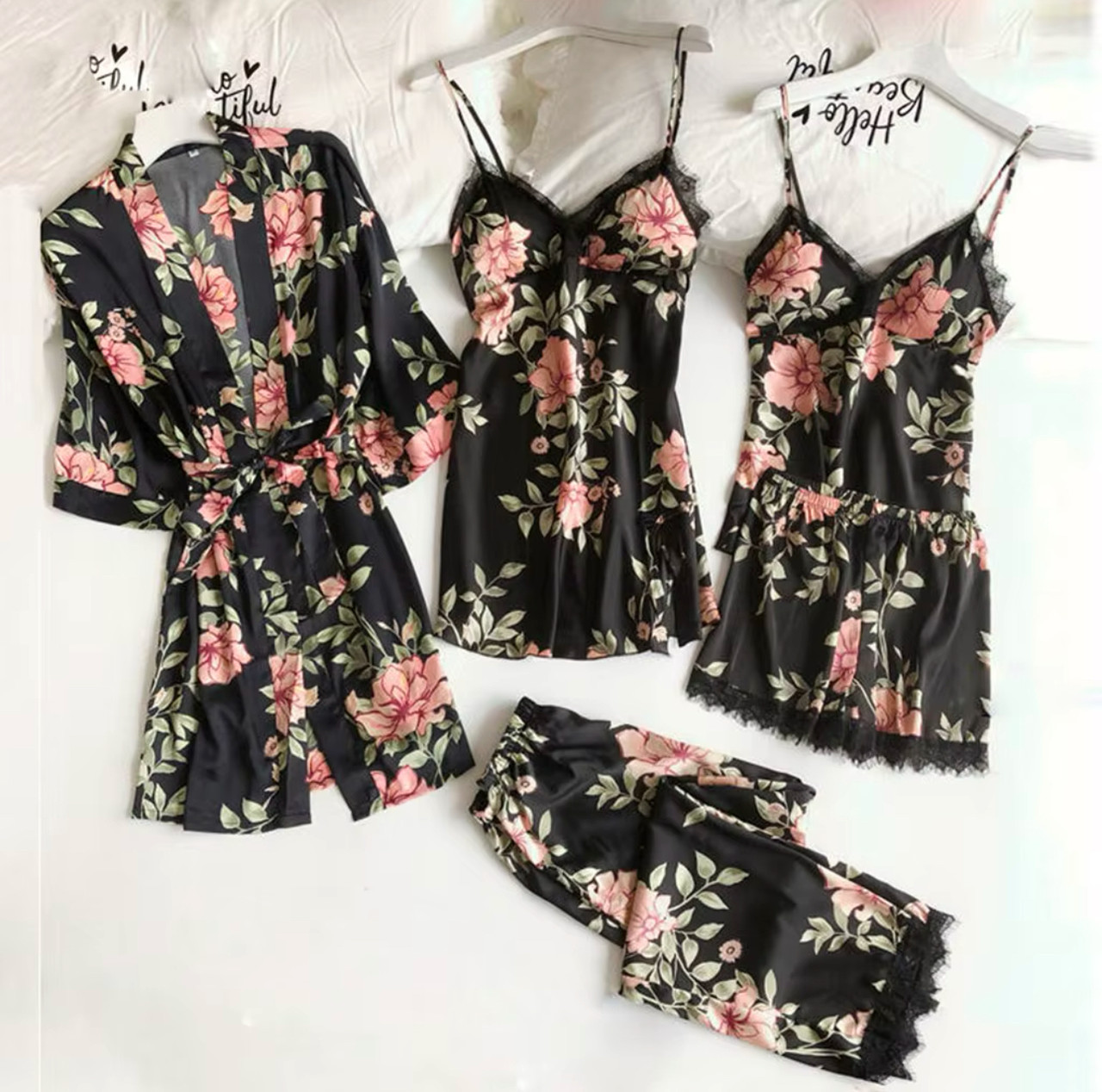 Домашній атласний комплект 5в1 жіночий – халат з пеньюаром та піжамою трійкою, подарунок для коханої, фото 1