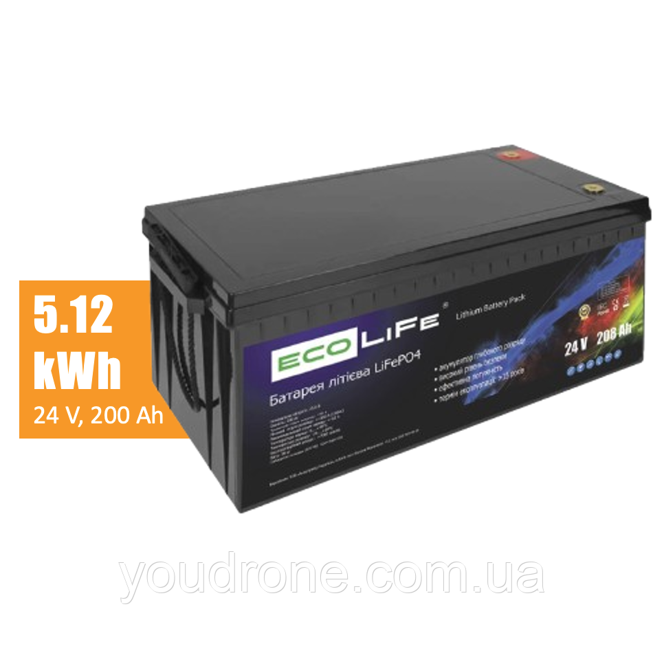 Акумуляторна літієва батарея ECOLIFE LF 24-200, 5.12 кВт*год, 24 В, 200 А·год (LiFePO4), АКБ ECOLIFE 5.12 kWh, 24V, 200 Ah