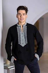 Чоловіча вишиванка, вишита сорочка чорного кольору з білою вишивкою розміри S, M, L, XL