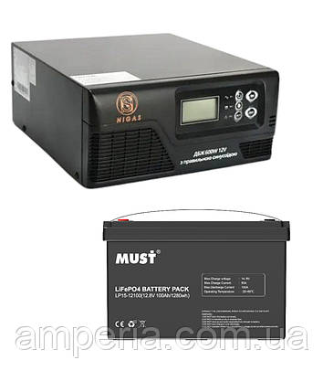 Комплект резервного живлення ДБЖ NGS-0612 12V 600Вт NIGAS + Акумуляторна батарея MUST LP15-12100, фото 1