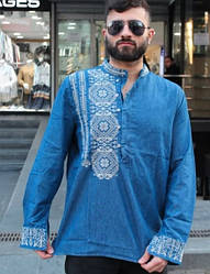 Вишиванка чоловіча, колоритна сорочка у джинсовому кольорі з білою вишивкою розміри S, M, L, XL, 2ХL.