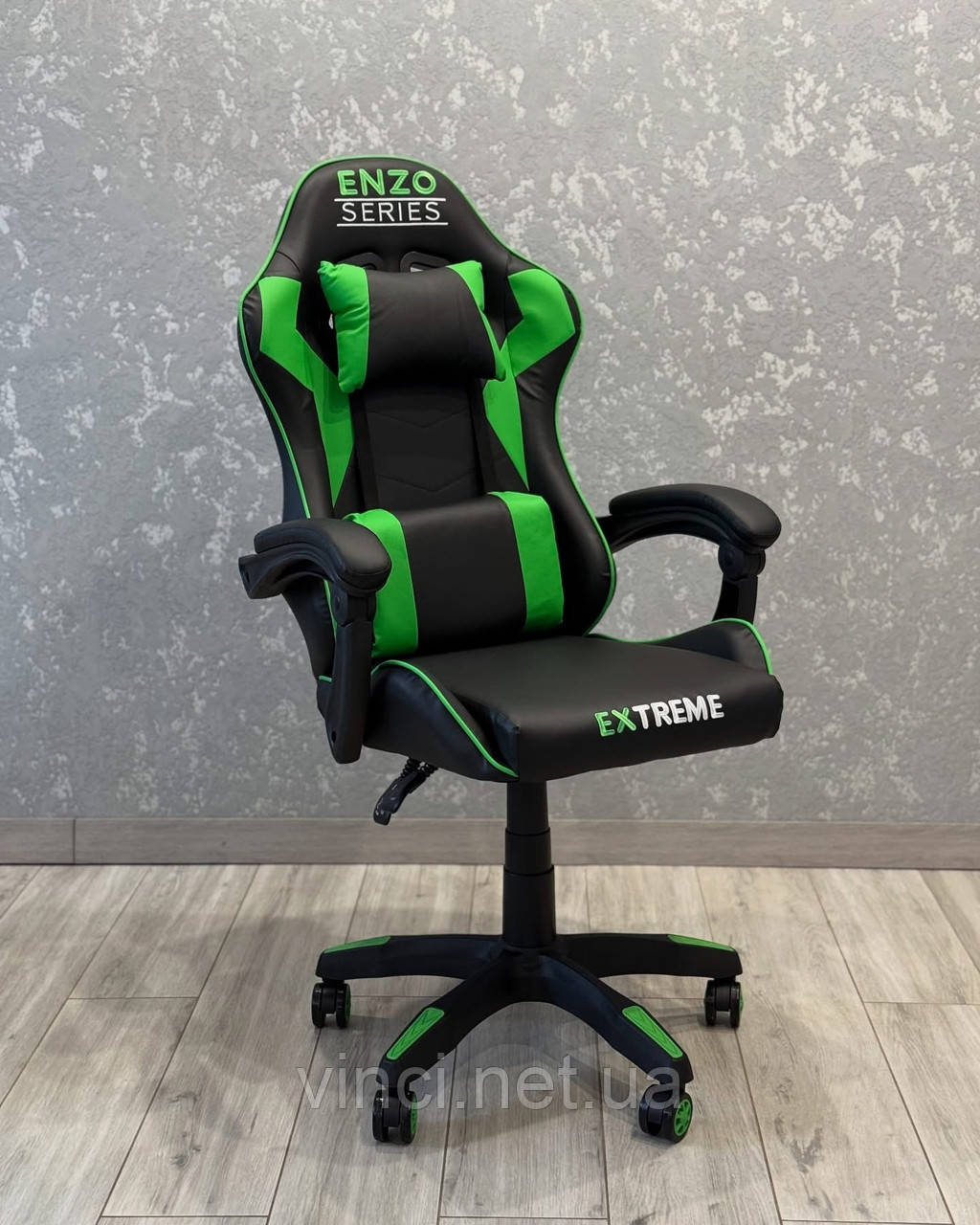 Комп'ютерне крісло з екошкіри + 2 подушки ENZO чорне з зеленим, фото 1