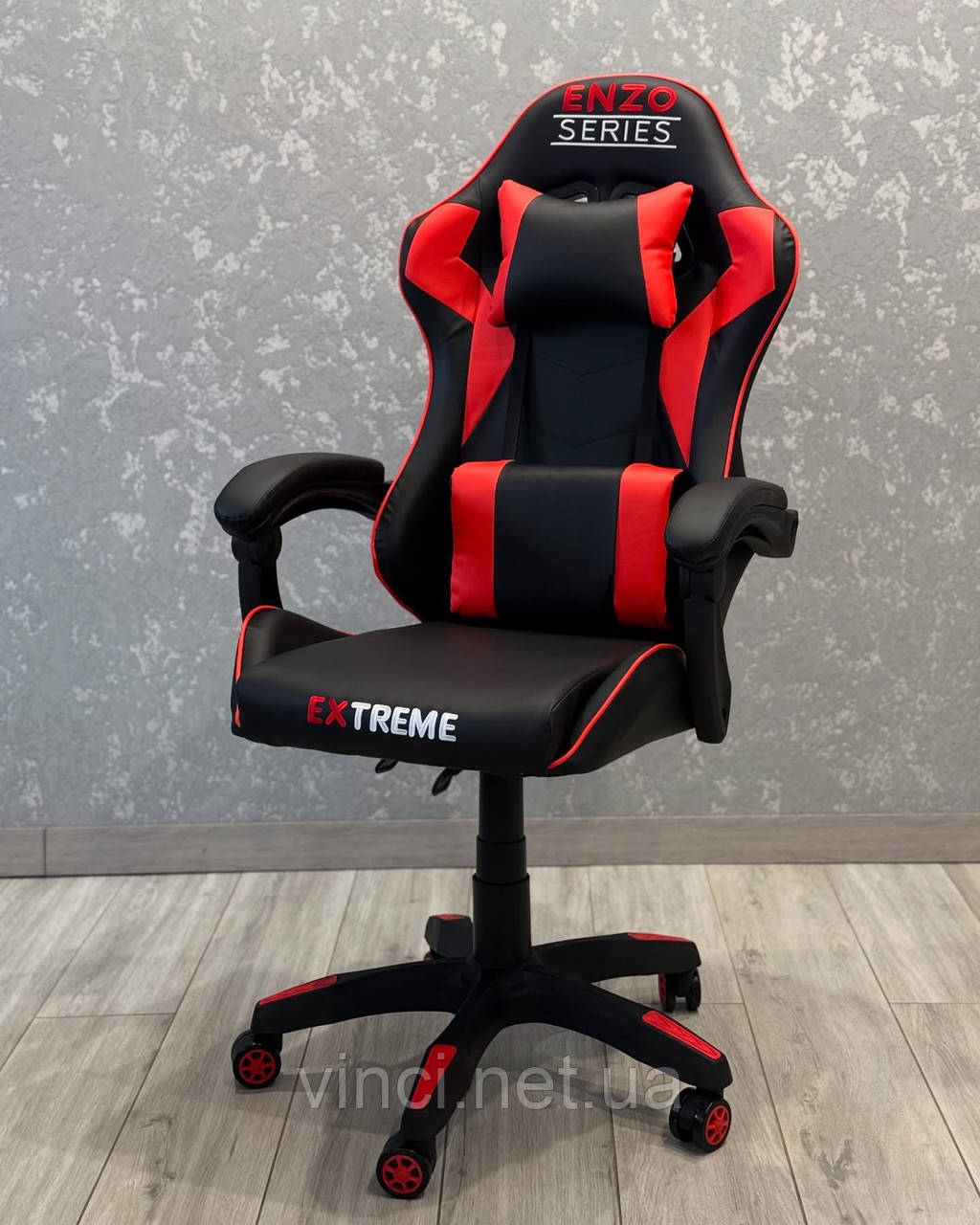 Комп'ютерне крісло з екошкіри + 2 подушки ENZO чорне з червоним, фото 1