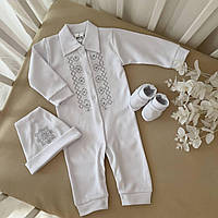 Чоловічок "Ярема" д.р. з вишивкою. Шапочка,пінетки Білий/срібло Інтерлок арт.91449762  Зріст 56-38(р)