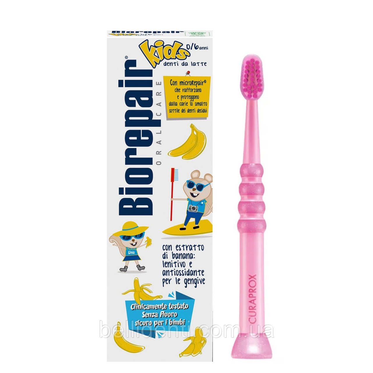 Набір Biorepair Kids Curaprox Baby Curakid від 0 до 4 років (паста 50 мл банан+зубна щітка рожева)