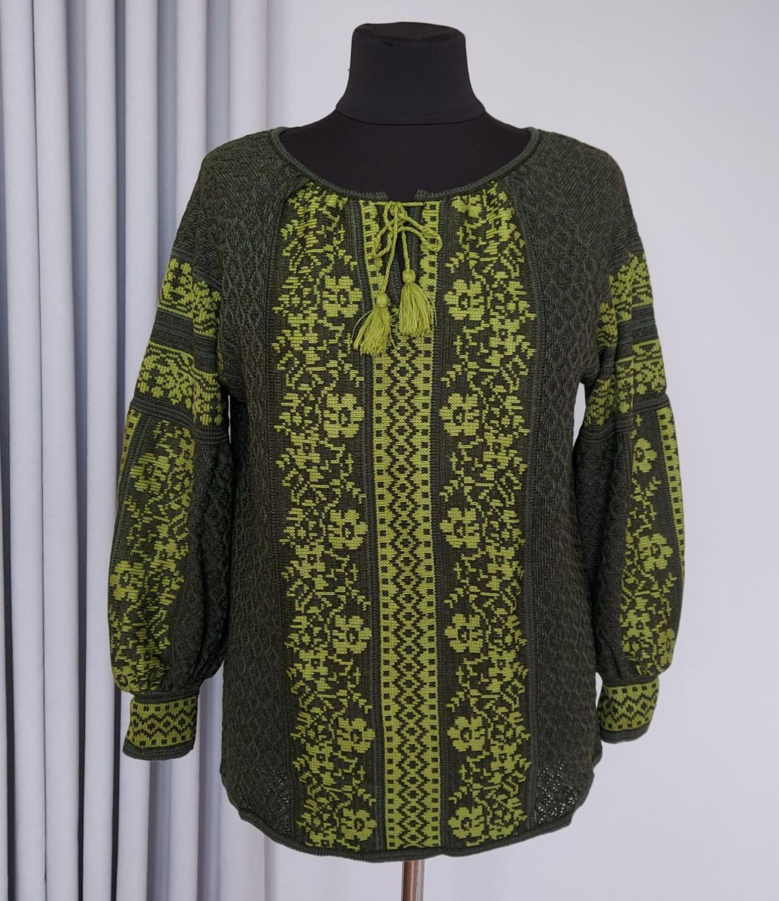 Жіноча в'язана блуза вишиванка колір хакі з довгими рукавами з 46 по 66 р, фото 1