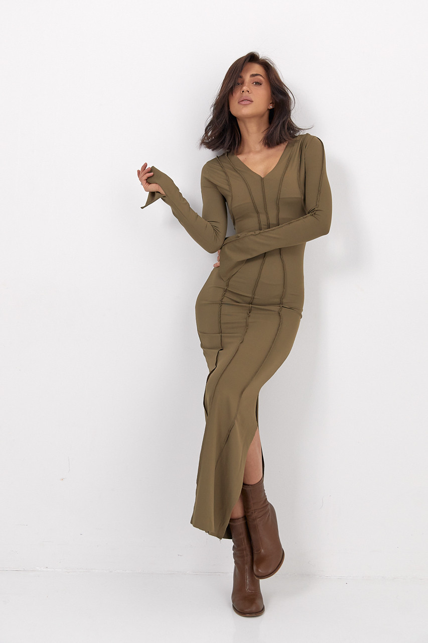 Довга приталена сукня зі швами назовні - хакі цвет, XS (є розміри), фото 1