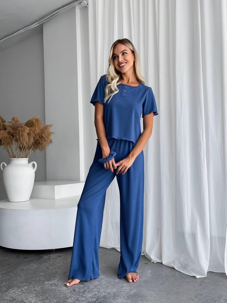 Піжама жіноча РУБЧИК ТРИКОТАЖНИЙ ШТАНЦІ+ФУТБОЛКА+РЕЗИНКА СИНІЙ/БЛАКИТНИЙ, фото 1