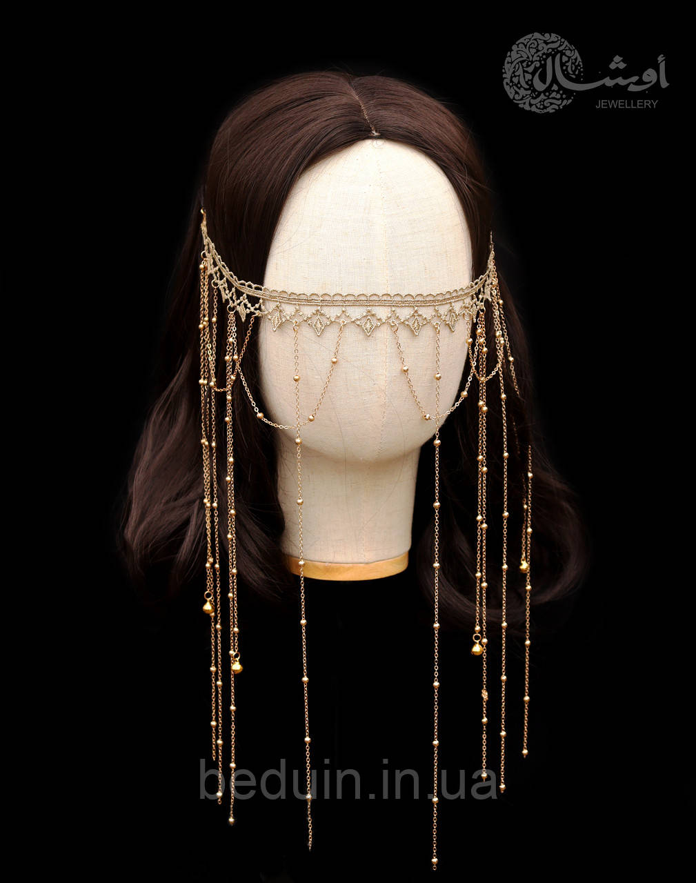 Украшение длинная маска на лицо из цепочек "Раяна" для фотосессии - золотистая Aushal Jewellery