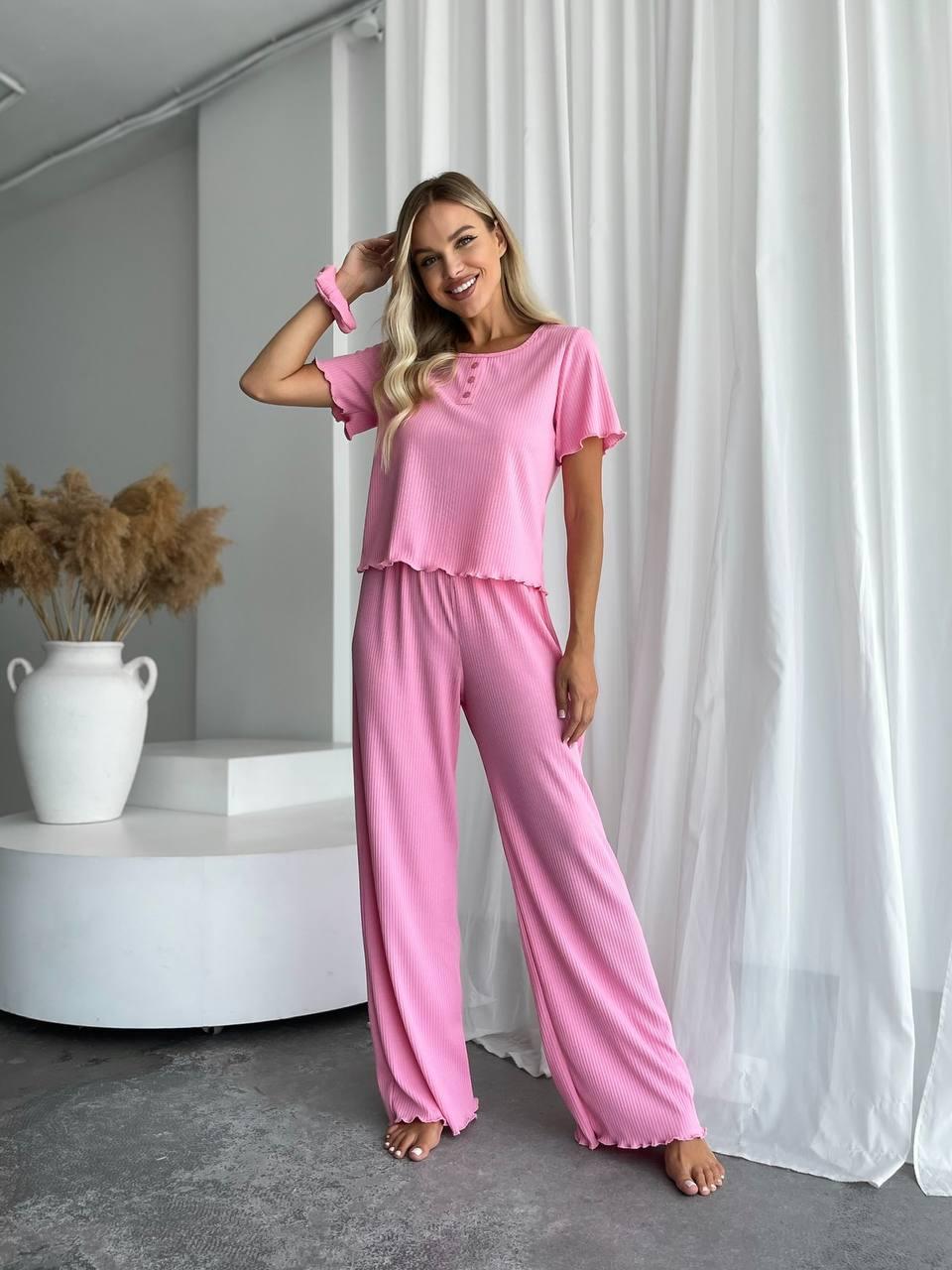 Піжама жіноча РУБЧИК ТРИКОТАЖНИЙ ШТАНЦІ+ФУТБОЛКА+РЕЗИНКА РОЖЕВИЙ/МАЛИНА, фото 1