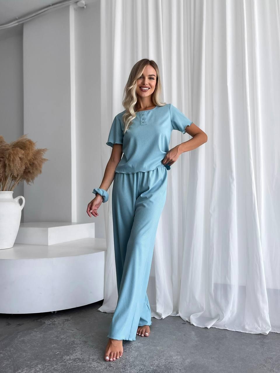 Піжама жіноча РУБЧИК ТРИКОТАЖНИЙ ШТАНЦІ+ФУТБОЛКА+РЕЗИНКА ОЛИВКА, фото 1