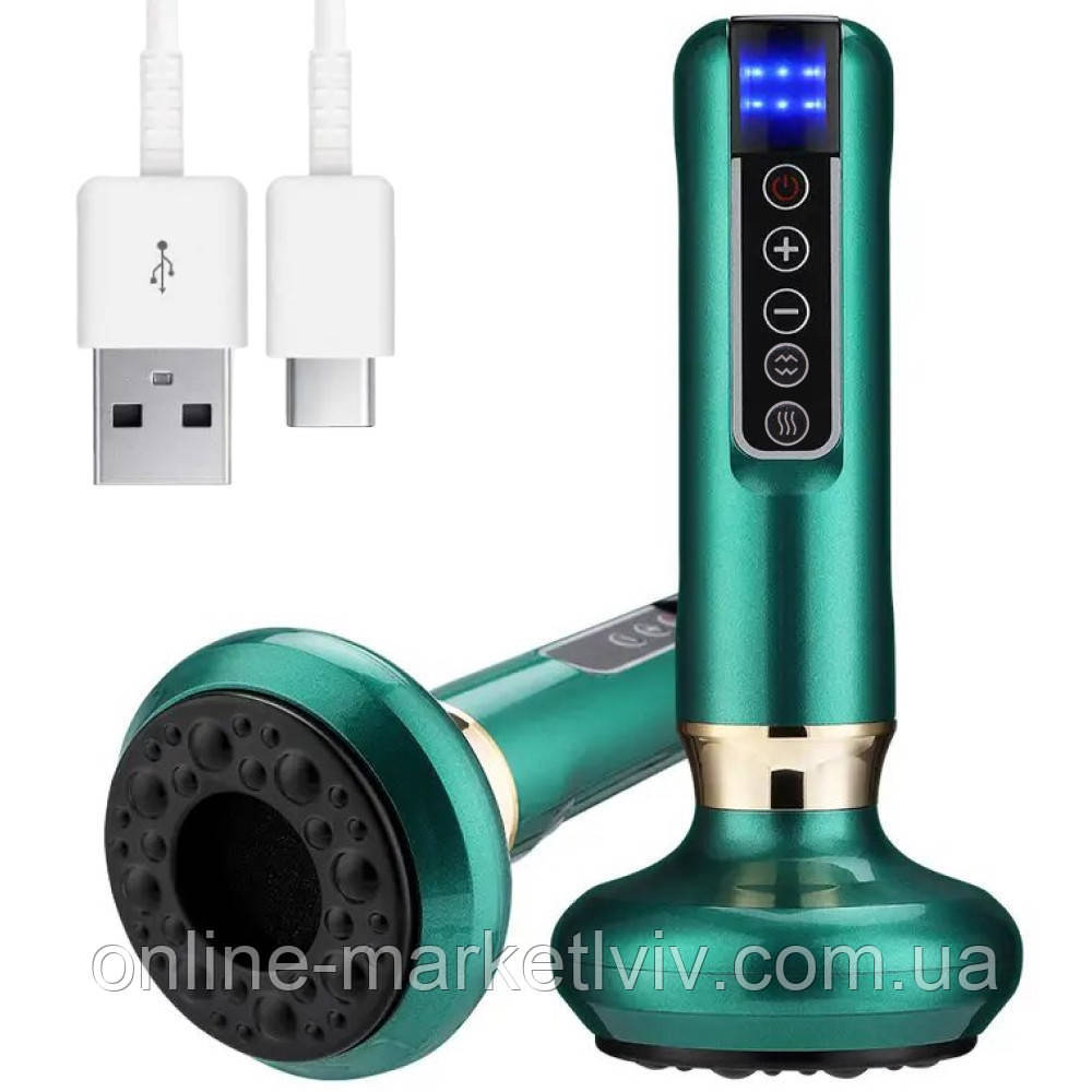 Вакуумний масажер антицелюлітний з підігрівом, 12 режимів, Зелений / Акумуляторний масажер від целюліту, фото 1