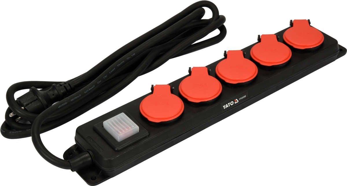 Подовжувач ел.-мережевий YATO: l=3м, колодка з 5 гніздами і вмик, 3-жильний S=1,5 мм², з заземл [10], фото 1