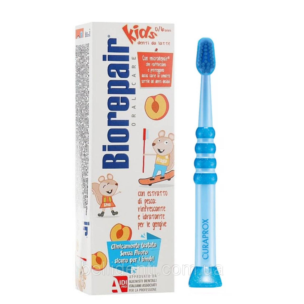 Набір Biorepair Kids Curaprox Baby Curakid від 0 до 4 років (паста 50 мл персик+зубна щітка синя)