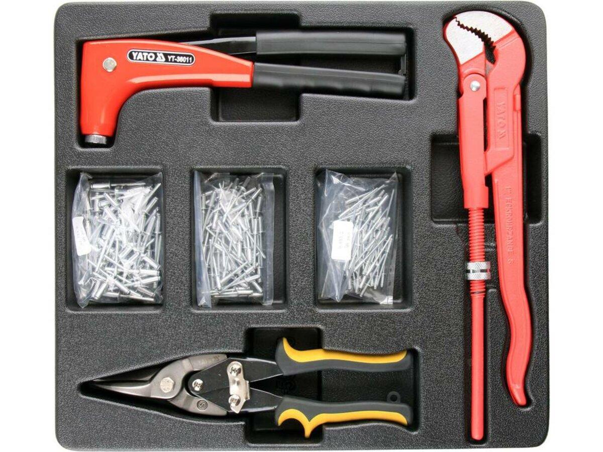 Вклад до інструментальної шафи YATO; ключ трубний- 1", ножиці до бляхи- 250 мм, заклепник і заклепки, фото 1