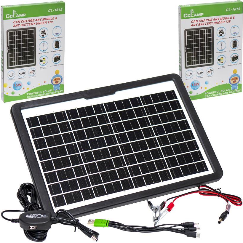 Портативна сонячна панель 15W/12W--6V/9V/16V USB, набір перехідників + дроти АКБ, розмір 36х25см, фото 1