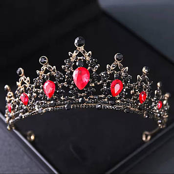 Корона (тіара) античне золото з чорними та червоними стразами