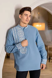 Вишиванка чоловіча, блакитного кольору сорочка з білою вишивкою розміри S, M, L, XL, 2ХL.