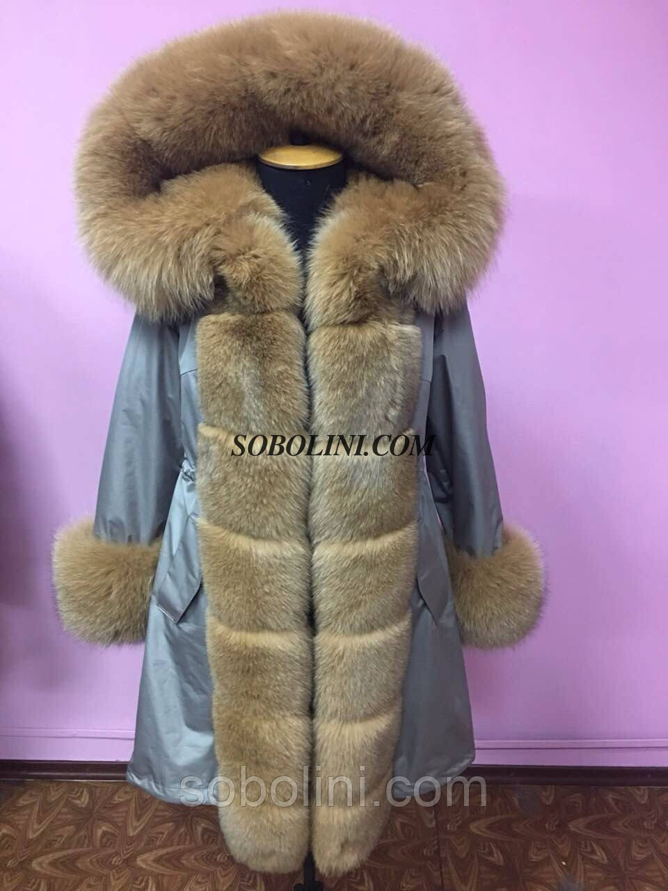 Парка з хутром фінського песця кремового кольору, колір плащової тканини сріблястий, всередині повністю Іспанський кроль, фото 1