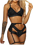 Чорний комплект білизни ліф без кісточок, трусики та пояс з підв'язками для панчох, фото 2
