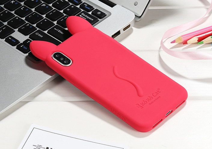 Силіконовий чохол для iPhone XS / X -  Вушка Котика CoCo Cat, Кораловий