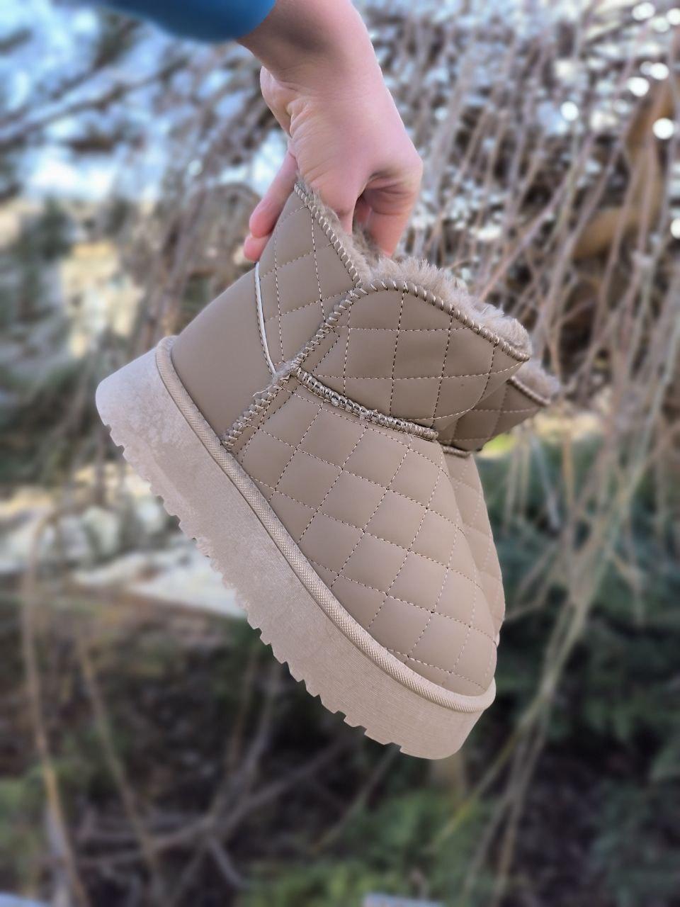 БЕЖЕВЫЕ Угги светлые короткие стеганые на высокой подошве платформе экоКожа полусапожки ботиночкиженские зима