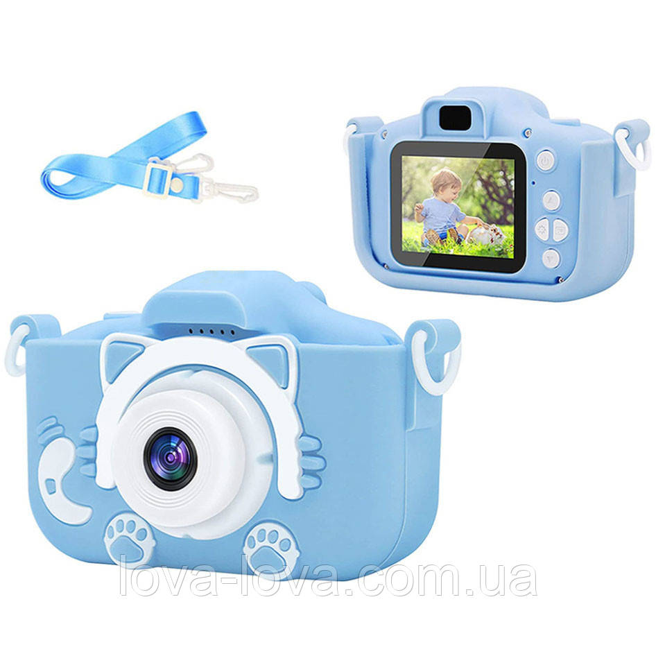 Дитячий цифровий фотоапарат Children's Fun Camera в силіконовому чохлі у формі котика Синій