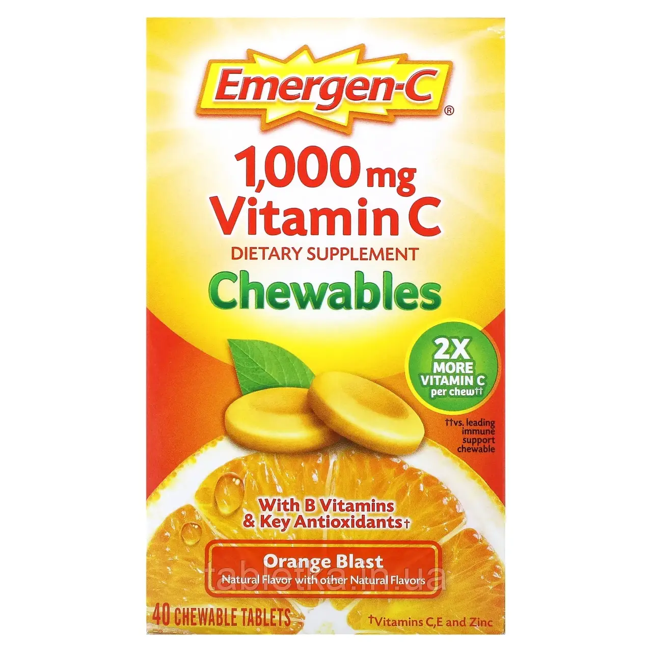 Emergen-C, Жувальні таблетки з вітаміном C, апельсиновий сік, 500 мг, 40 жувальних таблеток Дніпр Дніпро