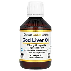 California Gold Nutrition, рідкий жир печінки норвезької тріски, натуральний лимонний смак, 200 мл (6,7 рідк., Київ
