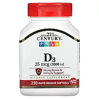 21st Century, Вітамін D3, 25 мкг (1000 МО), 250 м'яких таблеток зі швидким вивільненням Дніпр Дніпро